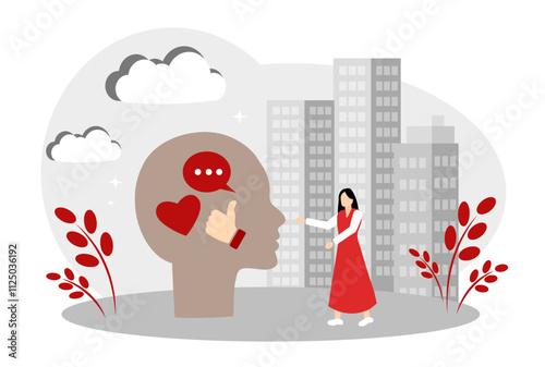 The concept of social approval, social media communication, and likes. Thoughts of a woman