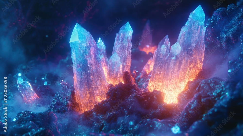 Glowing blue and orange crystals emerge from a dark, smoky landscape. Glowing blue and orange crystals emerge from a dark, smoky landscape.