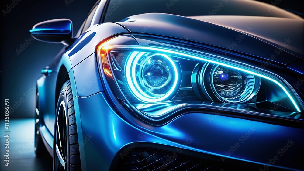 Close-Up Portrait of Modern Electric Car's LED Headlight Switching Off at Night Against a Black Background, Showcasing Advanced Automotive Technology and Design Features Close-Up Portrait of Modern Electric Car's LED Headlight Switching Off at Night Against a Black Background, Showcasing Advanced Automotive Technology and Design Features