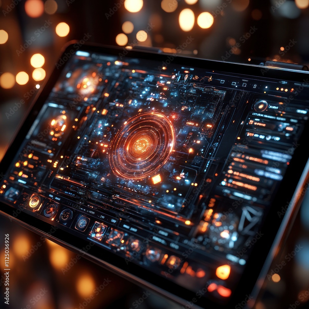 Obraz premium A futuristic tablet displaying a complex, vibrant digital interface with glowing elements.
