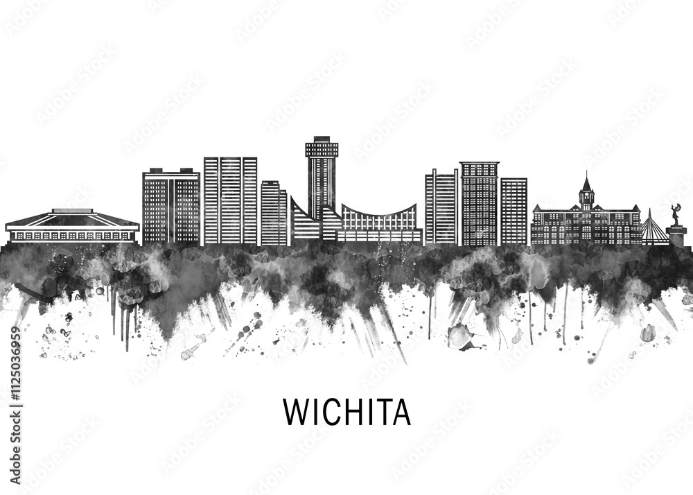Obraz premium Wichita Kansas Skyline BW, cityscape landscape watercolor abstract painting splash travel art illustration graphic design urban art modern downtown