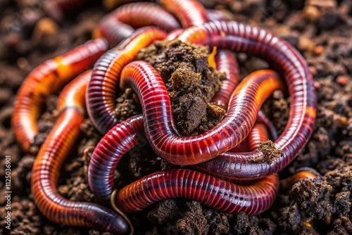 Close-Up Portrait Photography of Earthworms (Dendrobena Veneta) Nestled in Rich Black Soil, Showcasing the Intricate Textures and Colors of Soil and Worms in Their Natural Habitat photo