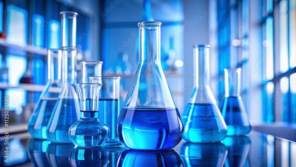 Close-Up Shot of Modern Laboratory Flasks Featuring Vibrant Blue Liquid in a Minimalistic Setting, Ideal for Science and Research Themes Close-Up Shot of Modern Laboratory Flasks Featuring Vibrant Blue Liquid in a Minimalistic Setting, Ideal for Science and Research Themes