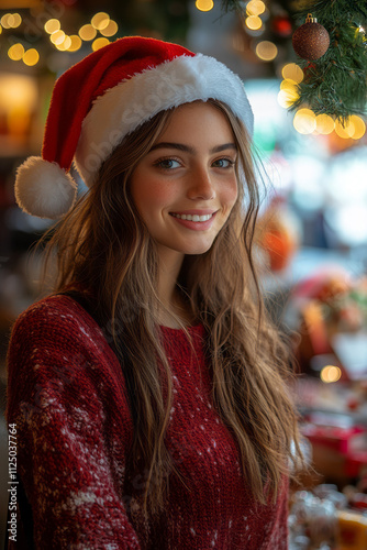 A friendly cashier in a festive red uniform and Santa hat scanning items with a warm smile, while holiday garlands and a small Christmas tree add a cozy, celebratory feel to the scene, photo