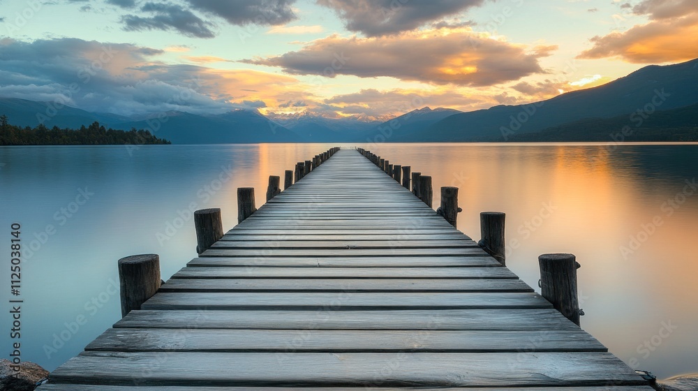 Serene Wooden Pier Over Calm Lake at Sunset with Mountains in the Distance Serene Wooden Pier Over Calm Lake at Sunset with Mountains in the Distance