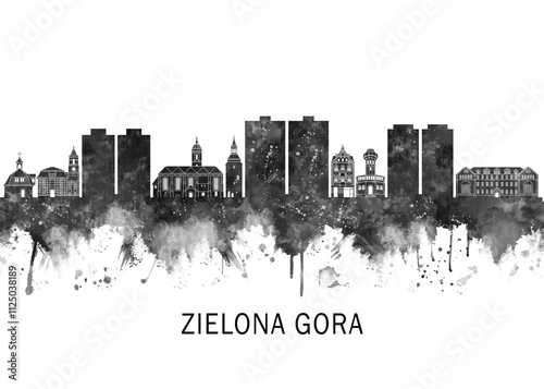 Zielona Gora Poland Skyline BW, cityscape landscape watercolor abstract painting splash travel art illustration graphic design urban art modern downtown photo