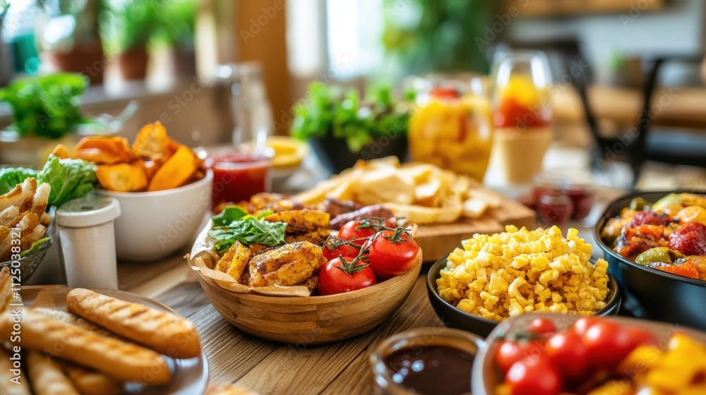 Colorful Arrangement of Various Delicious Foods on a Wooden Table Surrounded by Green Plants in a Bright and Cheerful Indoor Setting Colorful Arrangement of Various Delicious Foods on a Wooden Table Surrounded by Green Plants in a Bright and Cheerful Indoor Setting