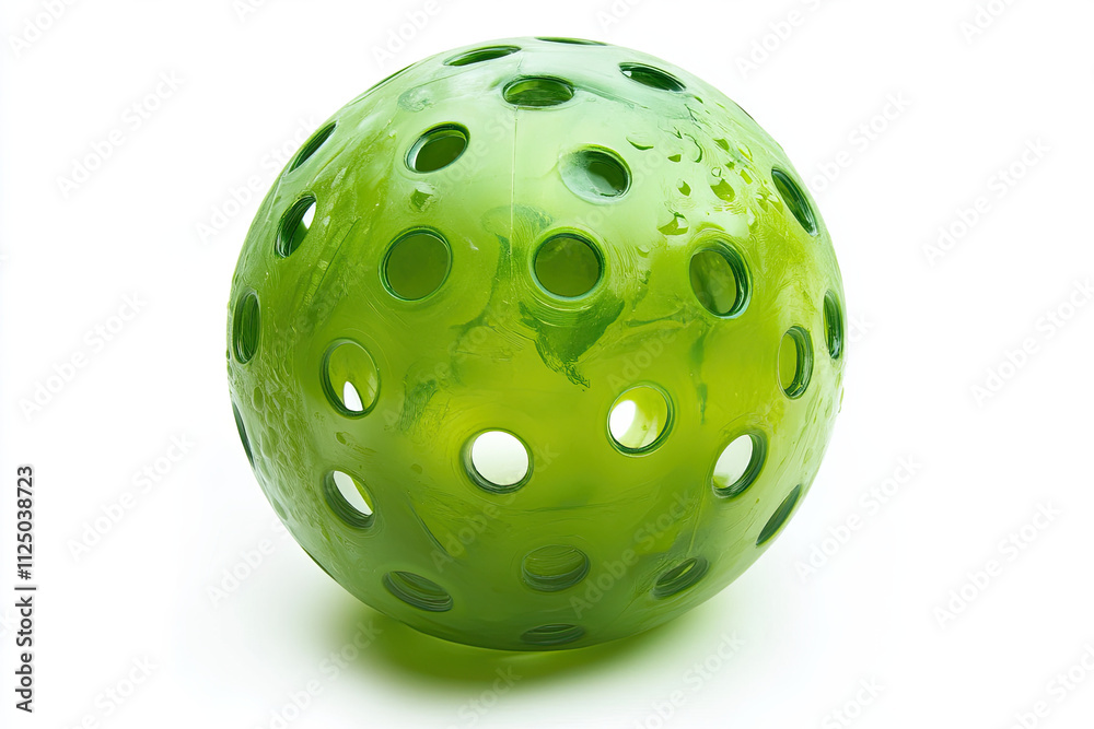 Green pickleball with perforations, isolated on a white background