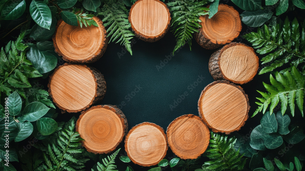 Natural wood slices arranged in circular pattern surrounded by lush green ferns and leaves, creating serene and minimalistic space ideal for text overlay or product display Natural wood slices arranged in circular pattern surrounded by lush green ferns and leaves, creating serene and minimalistic space ideal for text overlay or product display
