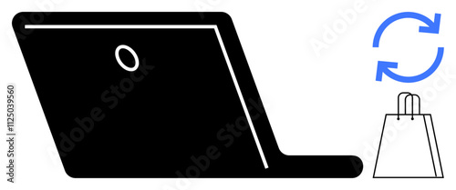 Laptop silhouette next to a refresh icon and shopping bag outline. Ideal for e-commerce, online shopping, digital retail, business technology, web browsing, consumerism, marketing concepts. Line