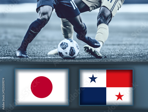 Japan and Panama flag on scoreboard,against football players during a match on soccer field.