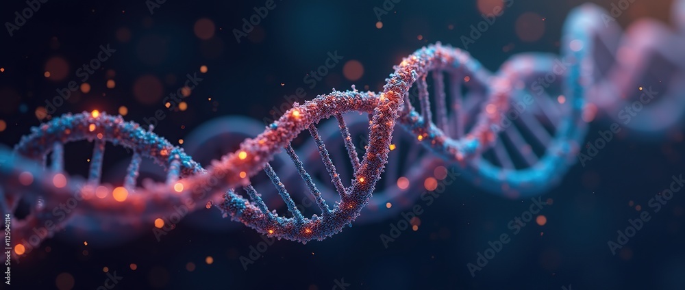 DNA strand, molecular structure, genetic material, science background, colorful particles, abstract design