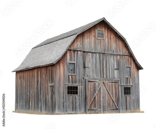 old rustic wooden barn isolated on white background, weathered wood barn cutout png