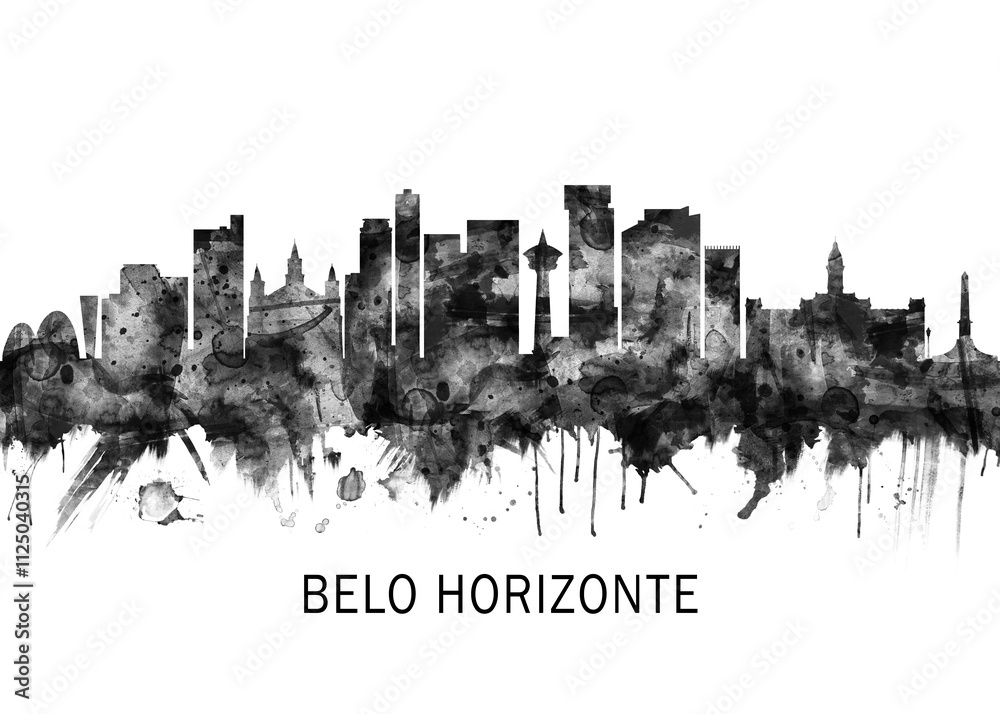 Obraz premium Belo Horizonte Brazil Skyline BW, cityscape landscape watercolor abstract painting splash travel art illustration graphic design urban art modern downtown