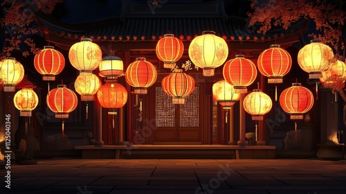 Glowing red lanterns adorning traditional chinese temple at night for chinese new year celebrations.