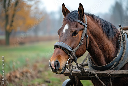 Horse pulling a traditional wooden cart on a farm