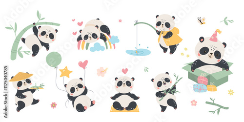 Cartoon panda characters. Panda various poses and emotions. Funny asian animal meditation sleeping on rainbow hang on bamboo fishing, nowaday vector clipart