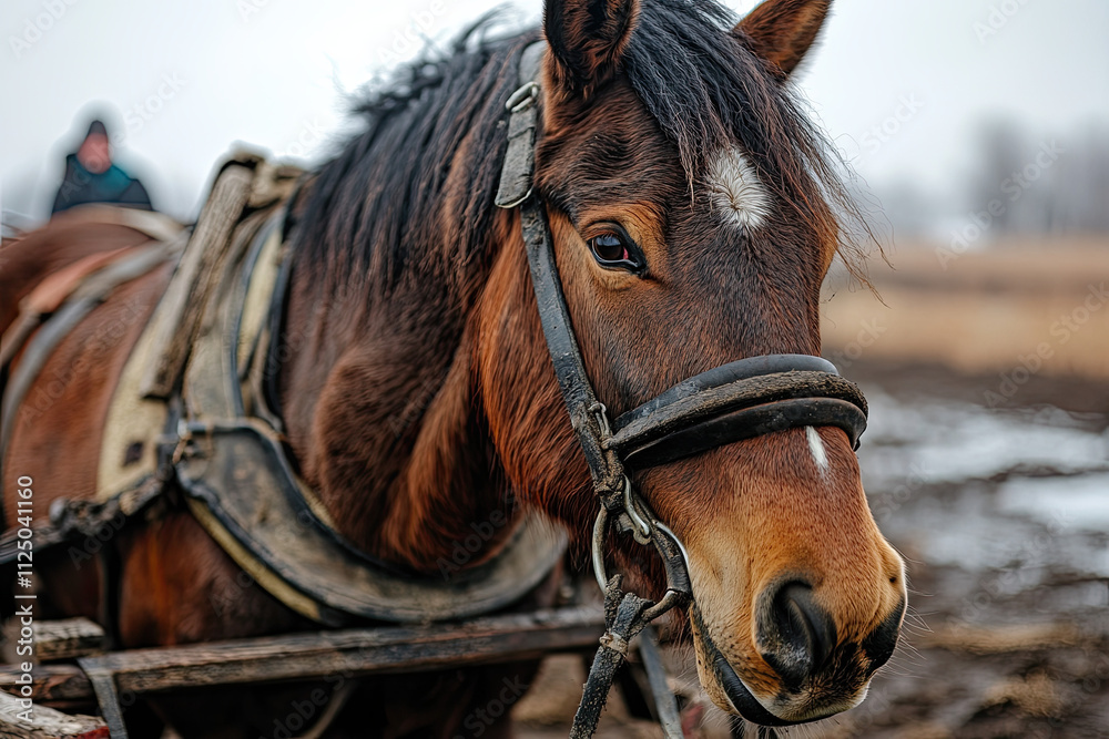 Obraz premium Horse pulling a traditional wooden cart on a farm