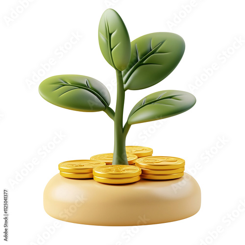 Green Plant Growing on Top of Stacked Golden Coins Illustrating Financial Growth and Wealth