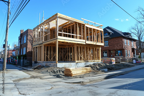 View of a house construction site from the street perspective