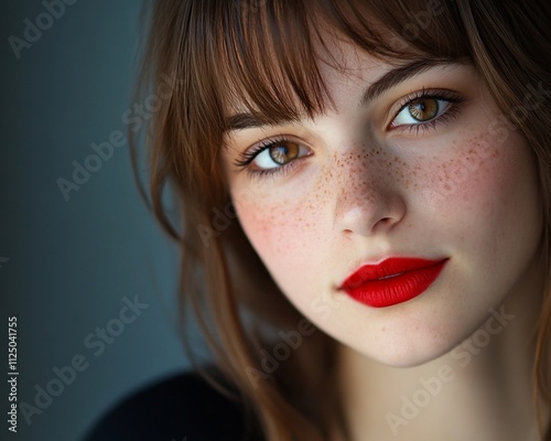 Close-up portrait of a young woman with freckles and red lipstick.