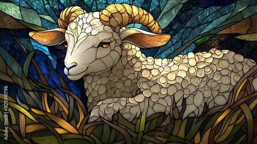 Stained glass artwork of a white ram in tall grass.