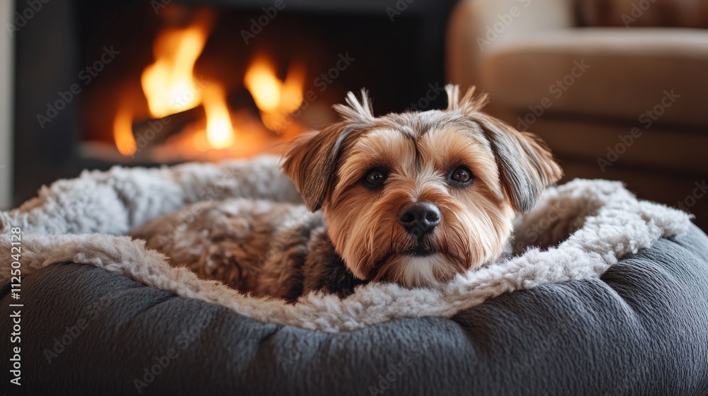 Yorkshire Terrier Puppy Resting In Cozy Dog Bed Near Fireplace Yorkshire Terrier Puppy Resting In Cozy Dog Bed Near Fireplace