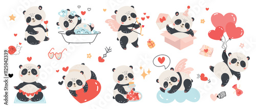 Panda in love. Funny pandas with hearts and gifts. Saint valentines day characters, exotic asian animals dreaming, take a bath, meditation, nowaday vector characters