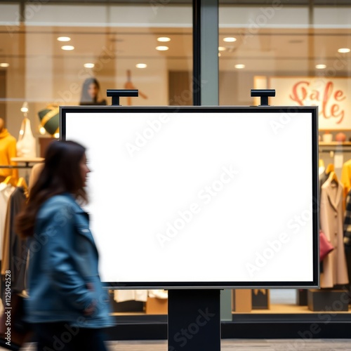 Digital billboard, city storefront, pedestrian walking, reflective glass, evening lighting, urban advertising, blank screen, fashion display, modern retail, street photography, blurred motion, commerc photo