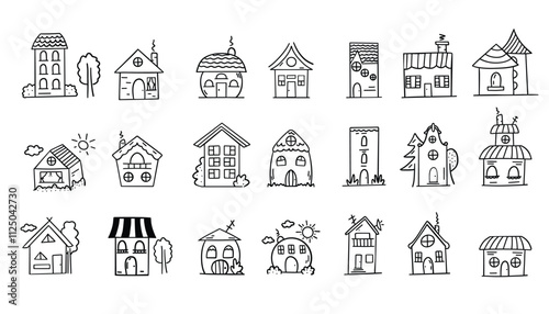 Cute hand drawn doodle houses. Vector illustration isolated on white background.