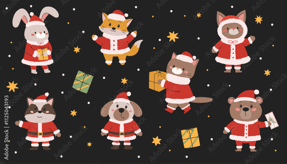 Collection of cute Christmas characters. Flat vector illustration in a simple children's style. Cute cartoon animals. Vector illustration.