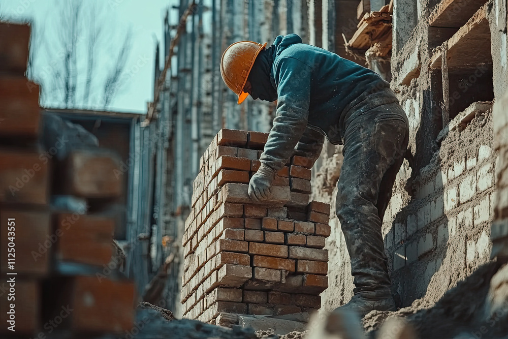Workers laying bricks in the exterior wall of a factory under construction Workers laying bricks in the exterior wall of a factory under construction