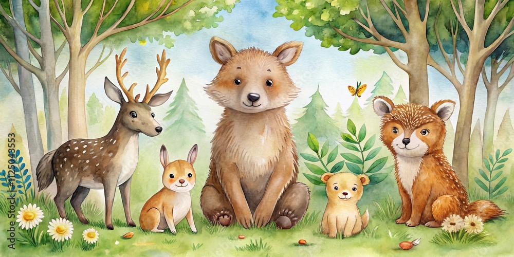 Naklejka premium Watercolor Forest Friends Bear, Deer, Fox, Rabbit Composition