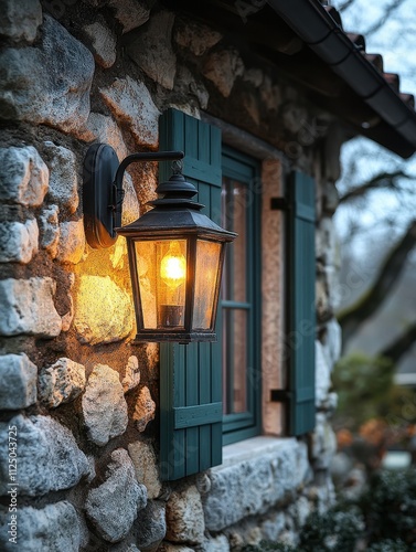 A warm light glows from a vintage lantern mounted on a stone wall. The textured stones and closed