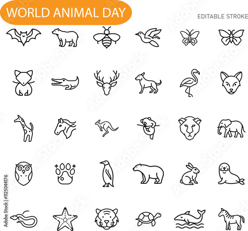 World Animal Day Diverse Animal Icons, Editable Line Art