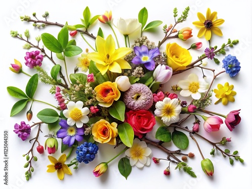 Collection of Spring Flowers and Branches with Leaves Isolated on White Background for Nature-Themed Designs and Illustrations