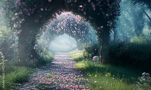 Enchanting Path Through a Misty Rose-Arbor Forest