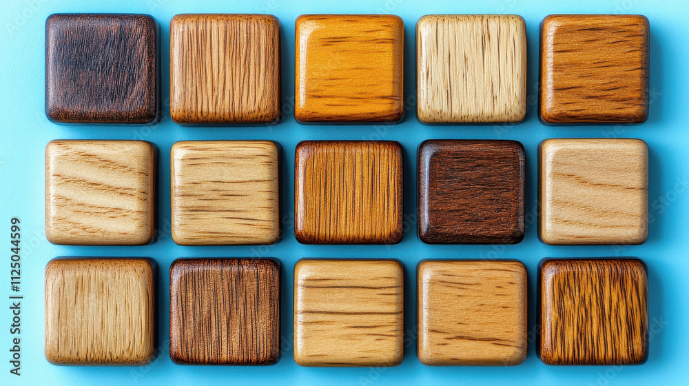 Fototapeta premium Wooden squares in various shades and textures arranged on blue background, showcasing minimalistic design ideal for text overlay or product display