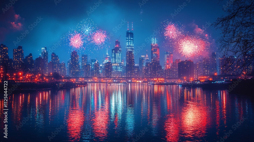 NYC Fireworks & Skyline Reflection