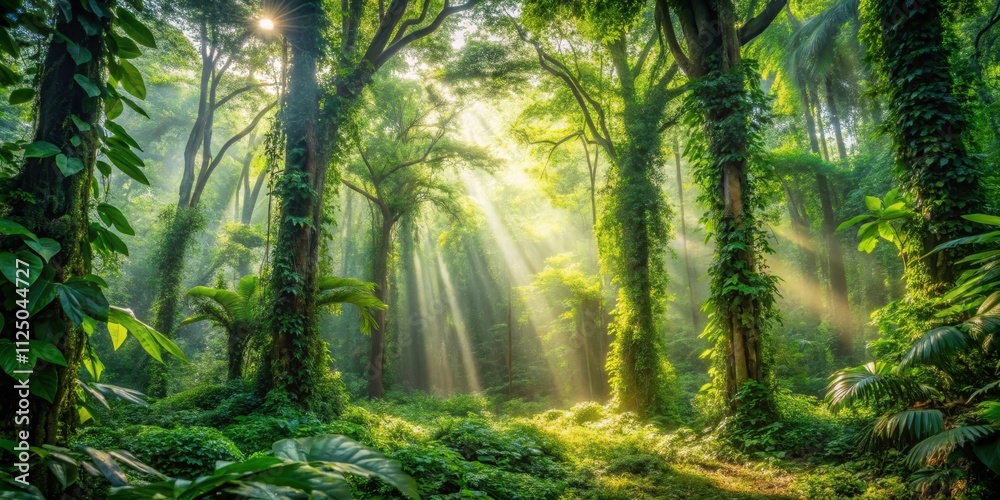 Fototapeta premium Sunlit Rainforest Lush Canopy, Golden Rays, Tranquil Scene