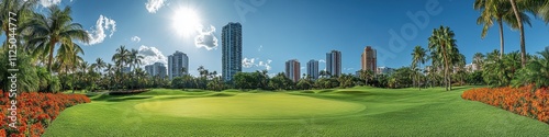 lush green park, blooming oleander trees, palm trees and residential buildings background