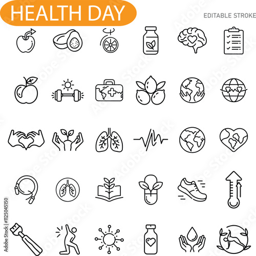 Health Day Icons Wellness, Fitness, Nutrition, and Global Wellbeing