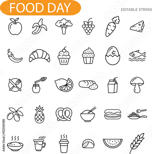 Food Day Icons Fruits, Vegetables, Bakery, and Drinks