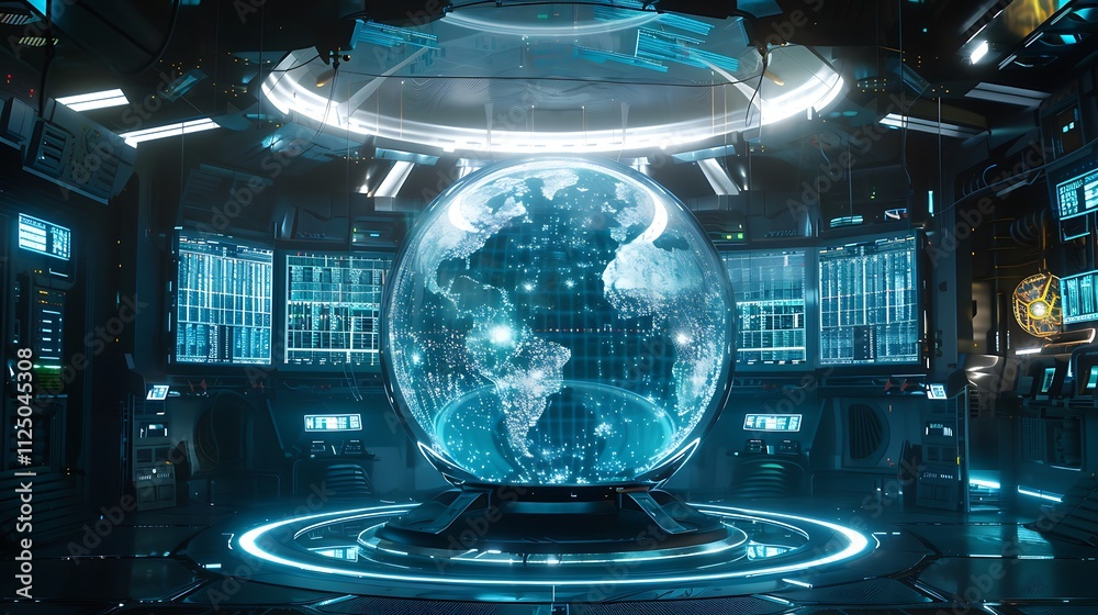 Obraz premium A futuristic digital globe surrounded by holographic interfaces.