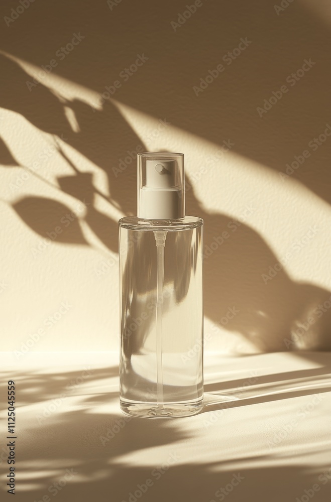 Minimalist clear spray bottle with leaf shadows in soft sunlight Minimalist clear spray bottle with leaf shadows in soft sunlight