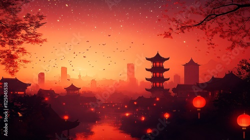 Red Lantern Glow: Asian Cityscape at Sunset