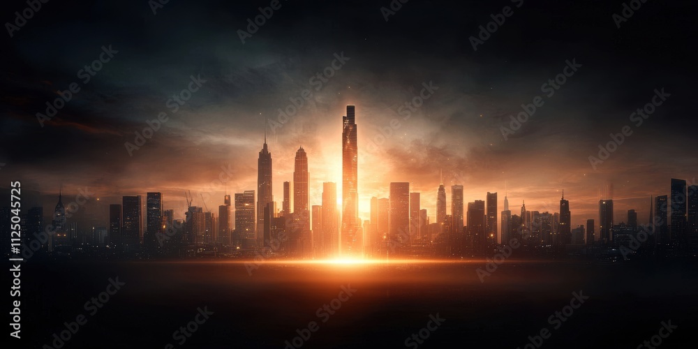 Fototapeta premium Futuristic skyline with a glowing tower against a dramatic sunset.