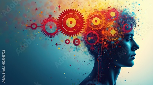 A colorful abstract illustration of a human head silhouette with gears and splashes of paint representing ideas and imagination photo