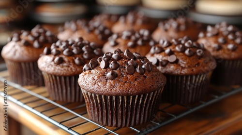 Freshly baked chocolate cupcakes topped with chocolate chips are cooling on a wire rack in a warm kitchen. The inviting aroma fills the space, promising a delightful treat.