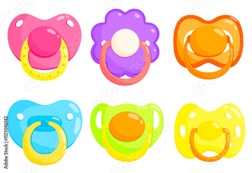 Baby colourful dummy set of vector illustrations. Pacifier, soother, teether, comforter. Front view